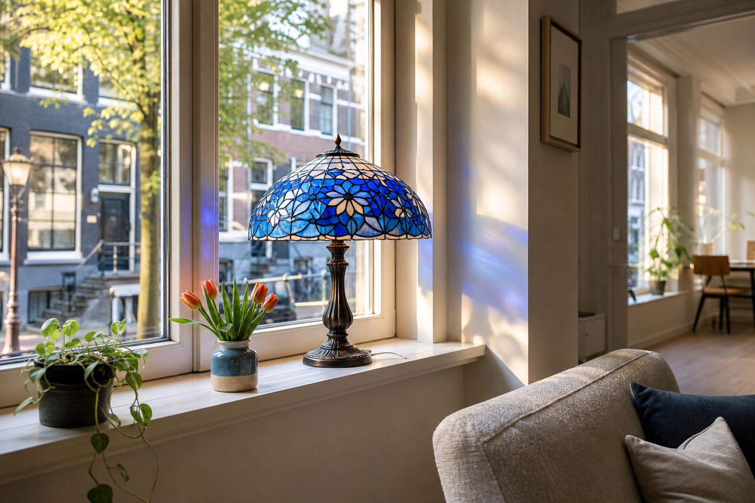 Blauwe Tiffany tafellamp in de vensterbank: kleuraccent voor het Nederlandse straatbeeld