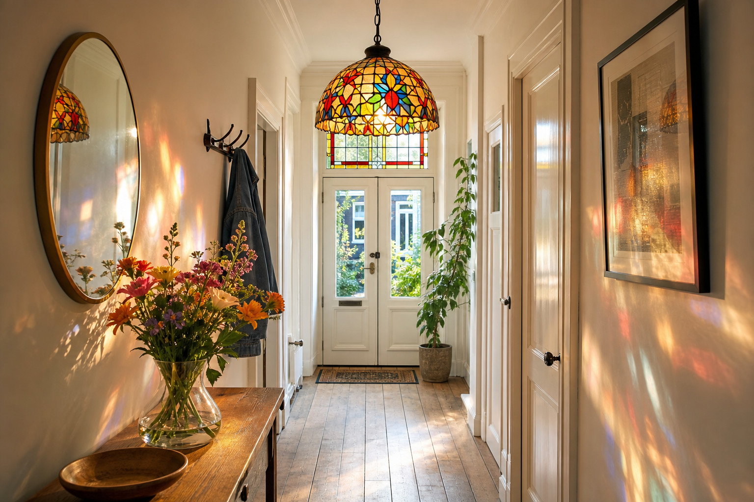 Glas in lood hanglamp in de smalle gang: kleur en sfeer bij binnenkomst