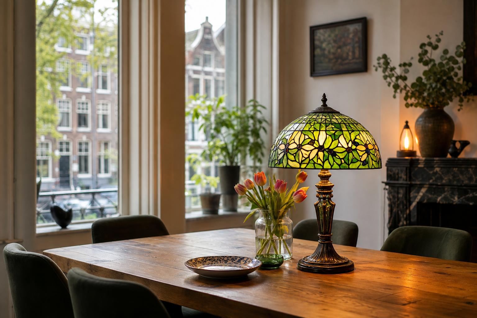 Groene Tiffany tafellamp in de eethoek: sfeervol accent voor Nederlandse keukens