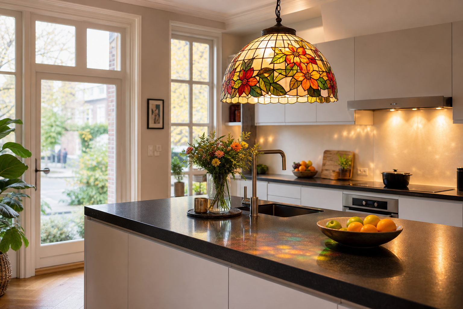 Tiffany hanglamp boven het kookeiland: kleuraccent in de moderne Nederlandse keuken