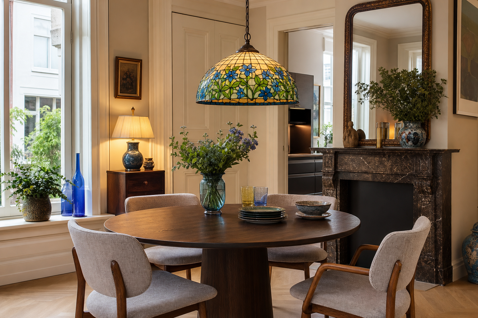 Tiffany hanglamp kopen: sfeermaker voor de ronde eettafel in het Nederlandse grachtenpand detail