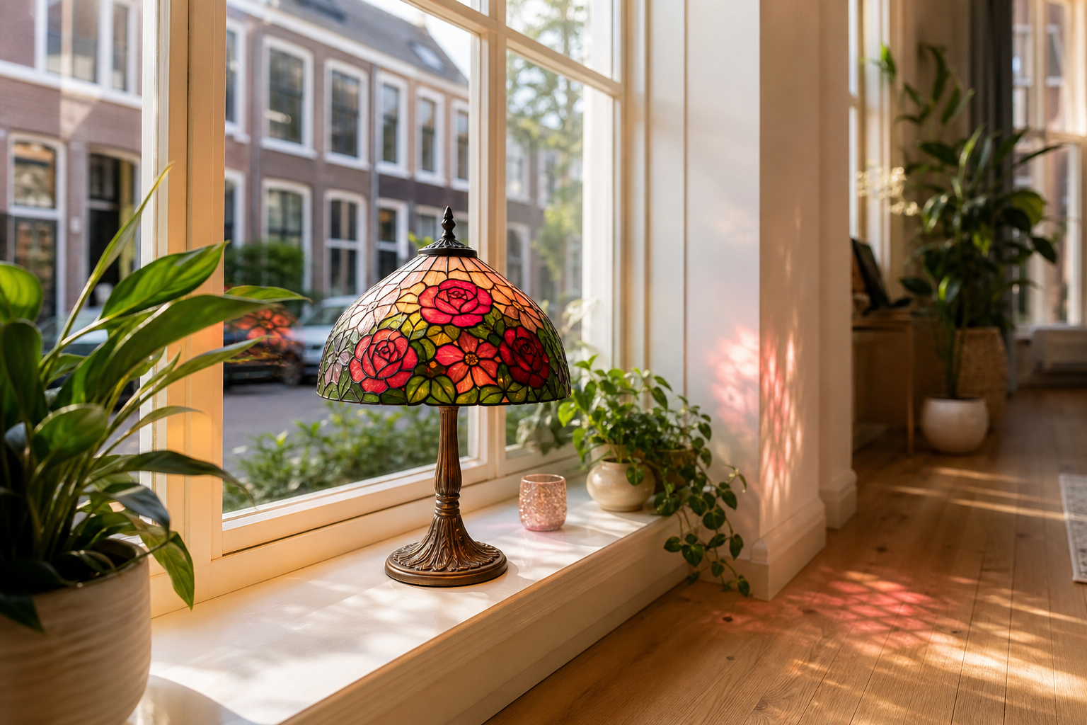 Tiffany tafellamp roos in de vensterbank: kleuraccent voor het Nederlandse straatbeeld