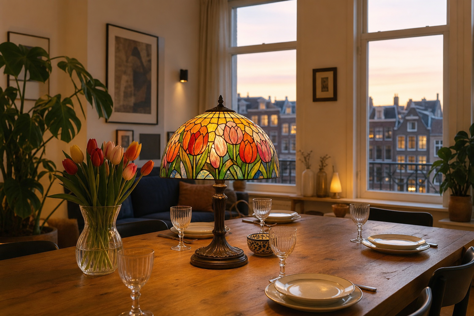 Tiffany tafellamp tulp op de eettafel: sfeervol lichtpunt voor lange Nederlandse avonden
